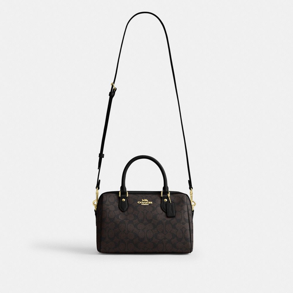 Coach Rowan Satchel Bag In Signature Canvas Gold Walnut Black