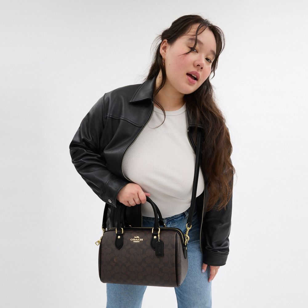 Coach Rowan Satchel Bag In Signature Canvas Gold Walnut Black