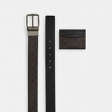 Coach Boxed Card Case And Belt Set In Signature Canvas Gunmetal Walnut Black