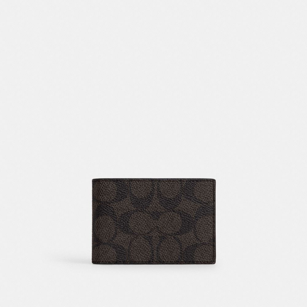 Coach Compact Billfold Wallet In Signature Canvas Walnut & Black