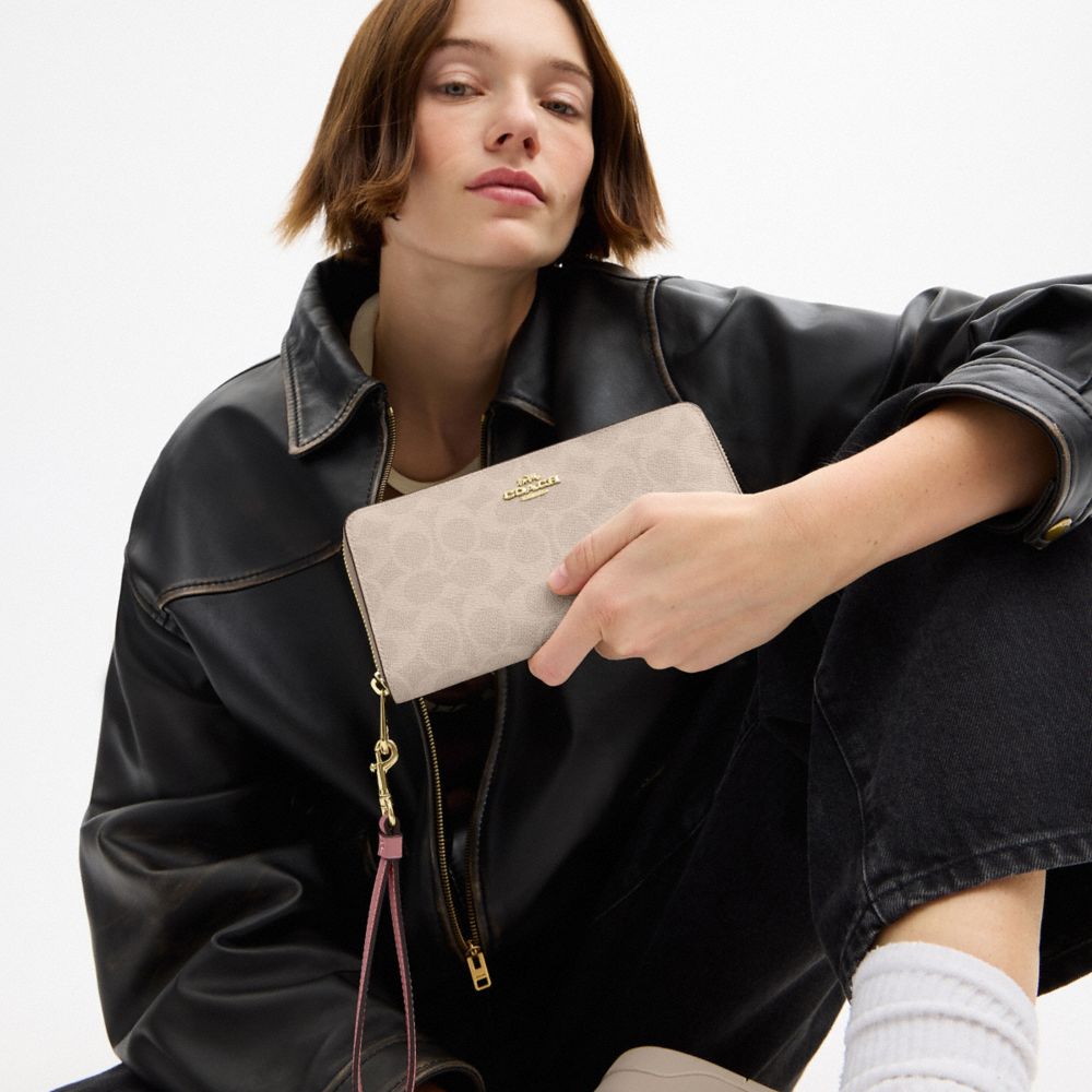 Coach Long Zip Around Wallet In Signature Canvas Gold Sand Peony