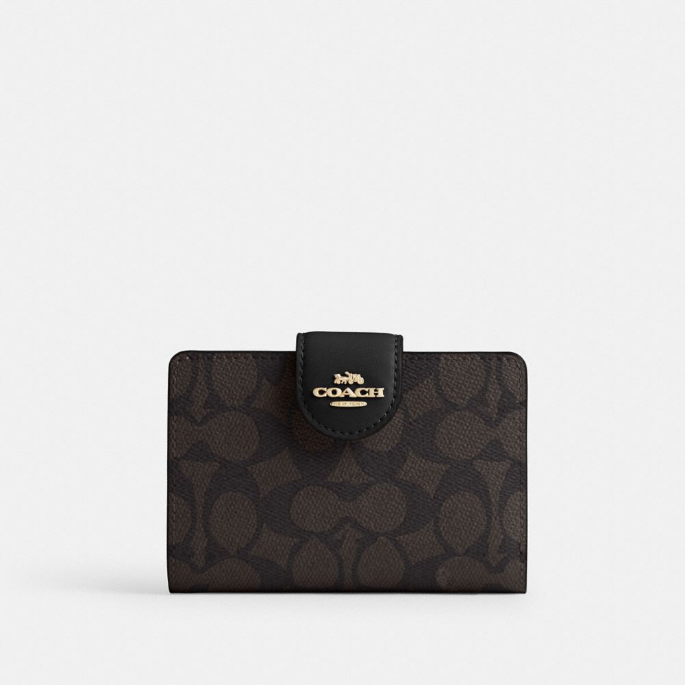Coach Medium Corner Zip Wallet In Signature Canvas Gold Walnut Black