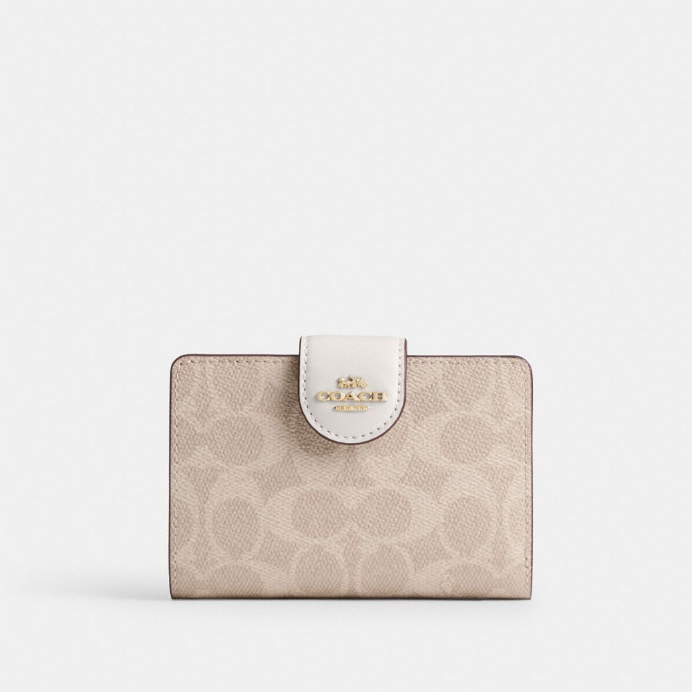 Coach Medium Corner Zip Wallet In Signature Canvas Gold Sand Chalk