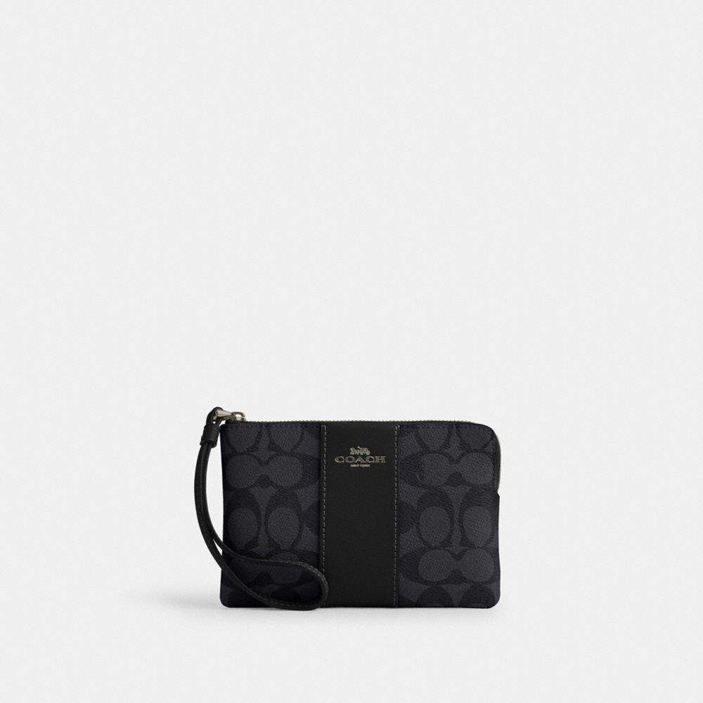 Coach Corner Zip Wristlet In Signature Canvas With Stripe Gunmetal Charcoal Black