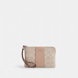 Coach Corner Zip Wristlet In Signature Canvas With Stripe Silver Sand Taupe