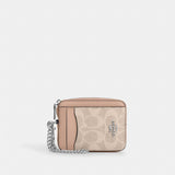 Coach Zip Card Case In Signature Canvas Silver Sand Taupe