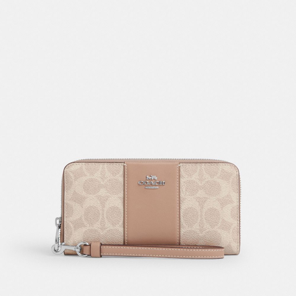 Coach Long Zip Around Wallet In Signature Canvas With Stripe Silver Sand Taupe