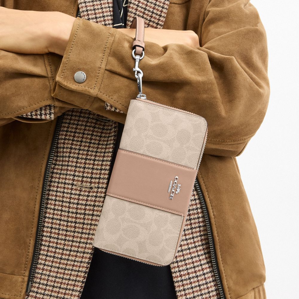 Coach Long Zip Around Wallet In Signature Canvas With Stripe Silver Sand Taupe