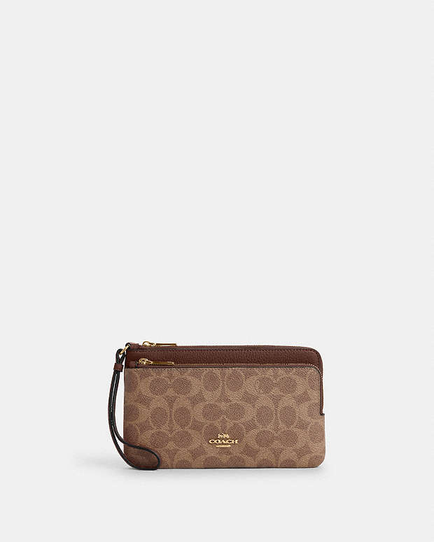 Coach Double Zip Wallet In Signature Canvas Signature Canvas-Gold-Tan-Brown