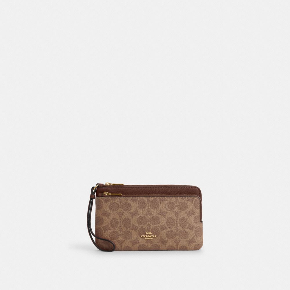 Coach Double Zip Wallet In Signature Canvas Gold Tan Brown