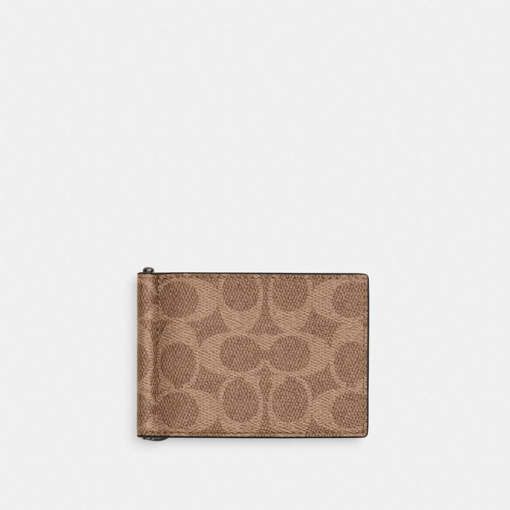 Coach Slim Money Clip Billfold Wallet In Signature Canvas Gunmetal Tan Black