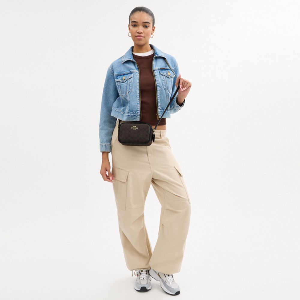 Coach Mini Jamie Camera Bag In Signature Canvas Gold Walnut Black