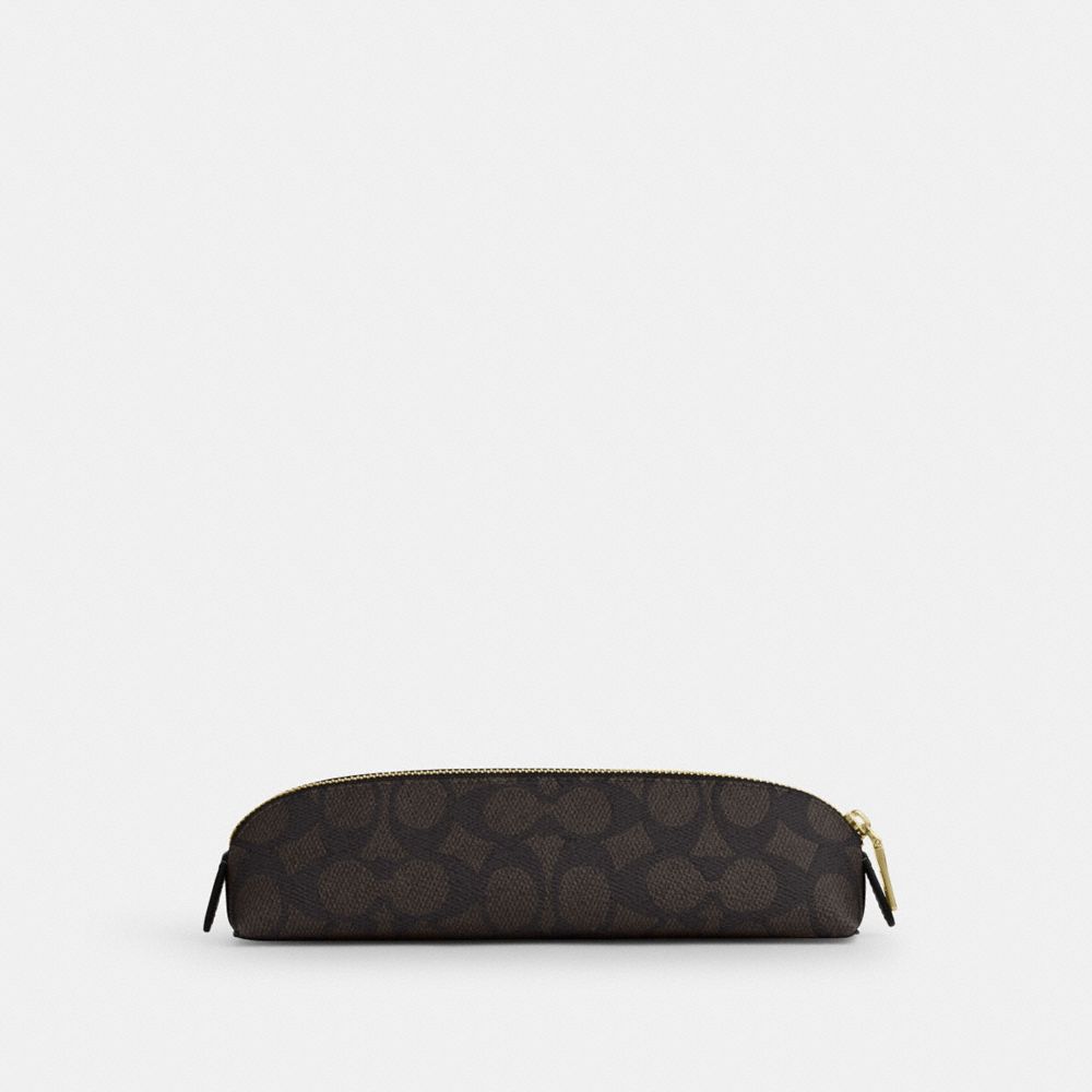 Coach Pencil Case In Signature Canvas Gold Walnut Black