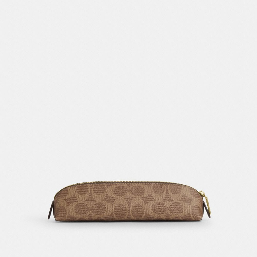 Coach Pencil Case In Signature Canvas Gold Tan Brown