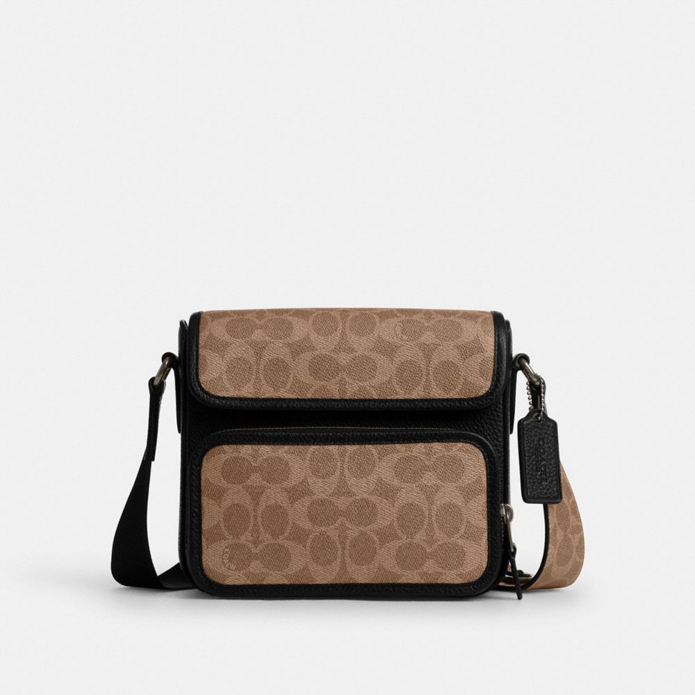 Coach Sullivan Flap Crossbody Bag In Signature Canvas Gunmetal Tan Black