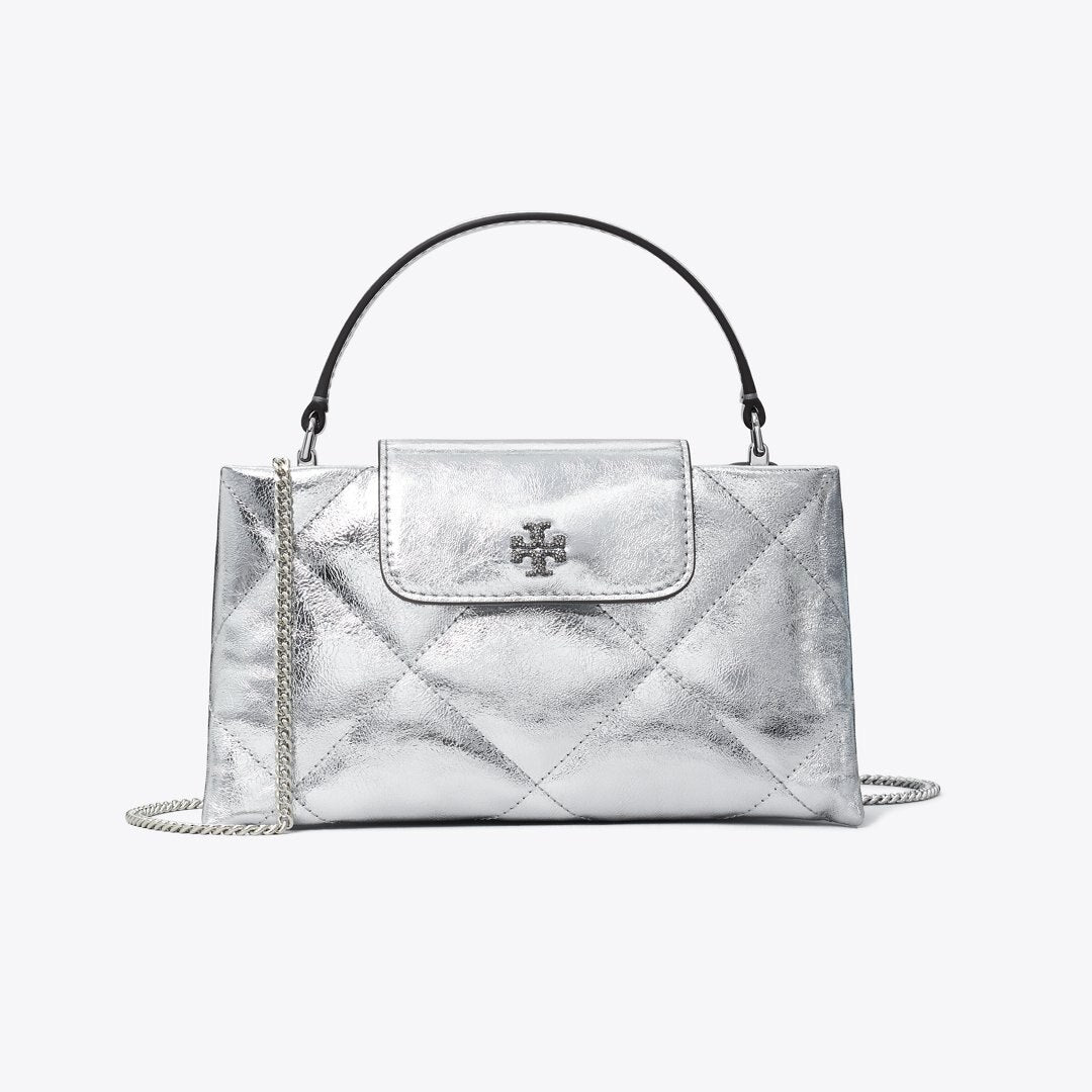 Tory Burch Kira Diamond Quilt Metallic Top-Handle Bag Silver