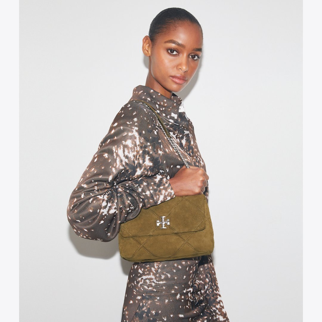 Tory Burch Kira Diamond Quilt Suede Shoulder Bag Deep Olive
