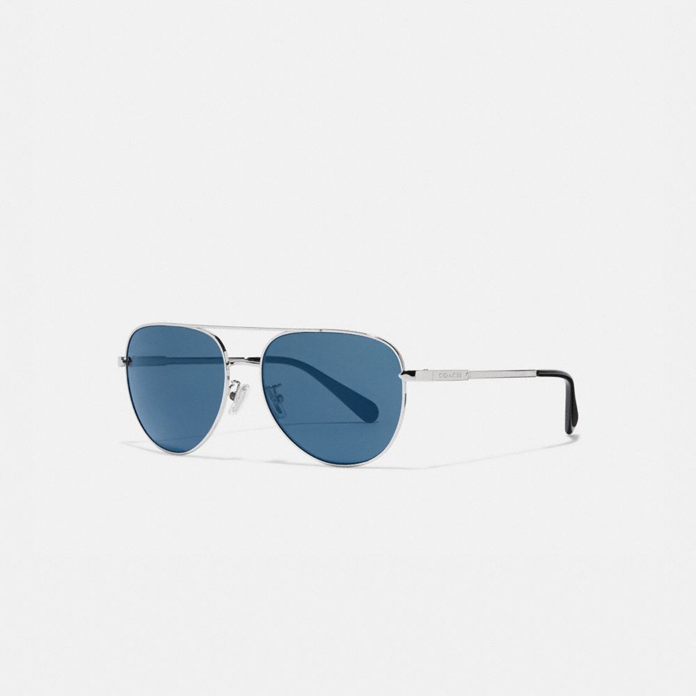 Coach Cooper Pilot Sunglasses Shiny Gunmetal Blue Flash