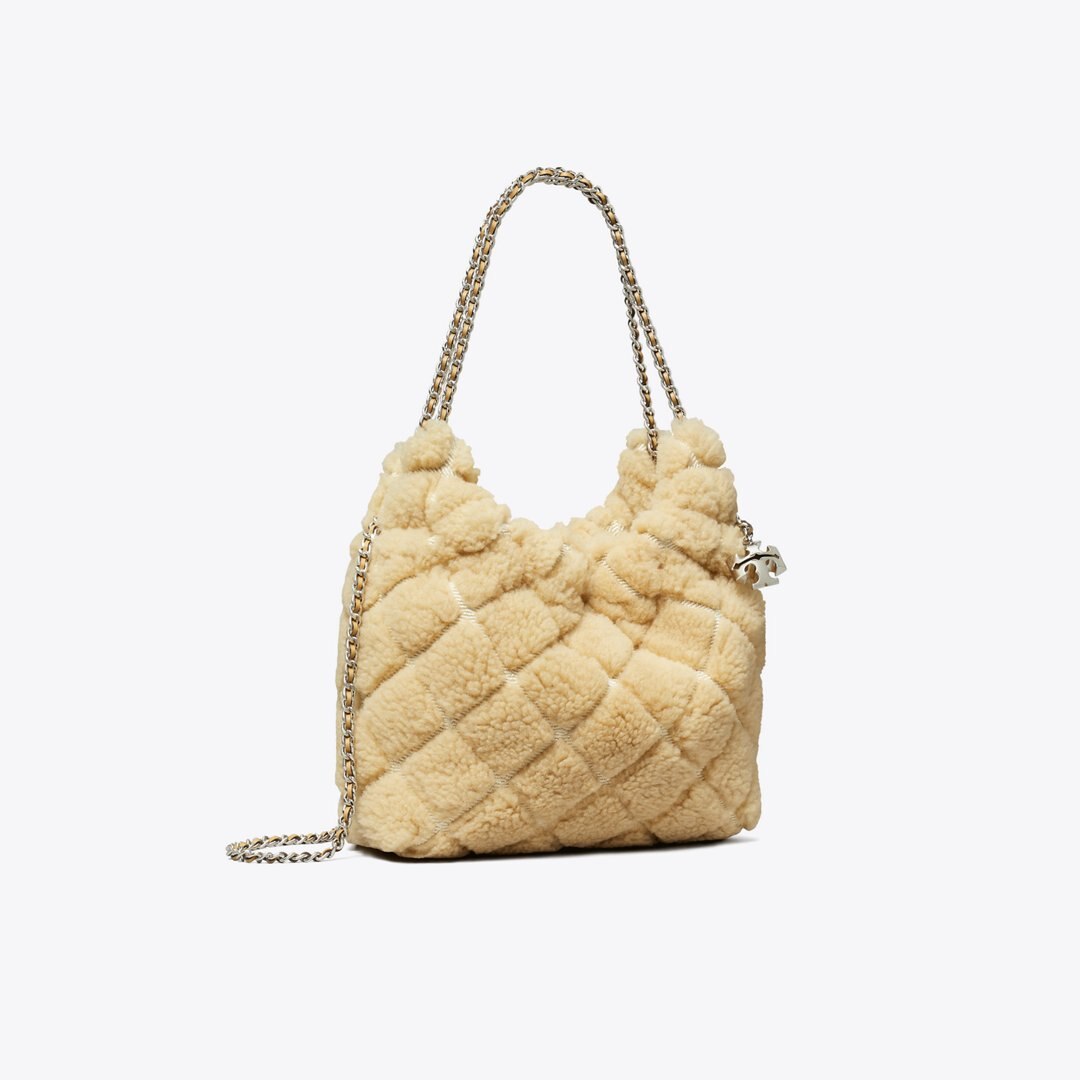 Tory Burch Mini Fleming Shearling Hobo Bag Ivory