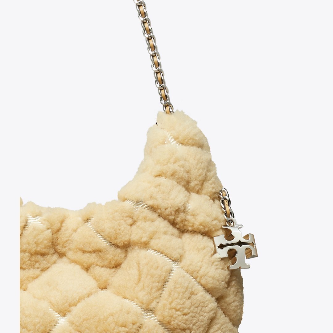 Tory Burch Mini Fleming Shearling Hobo Bag Ivory