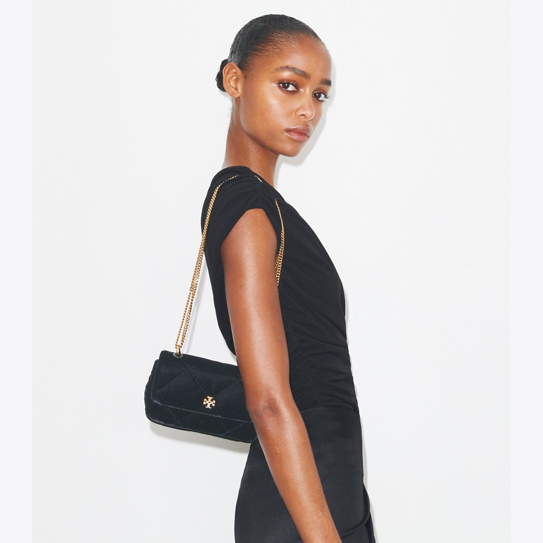 Tory Burch Mini Kira Diamond Quilt Velvet Pav Flap Bag Black