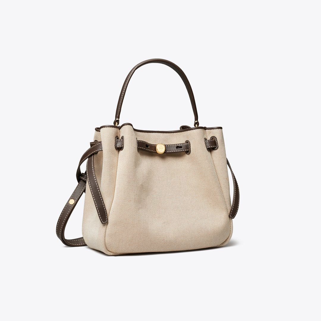 Tory Burch Romy Canvas Bucket Bag Dusty Almond/ Bianco White