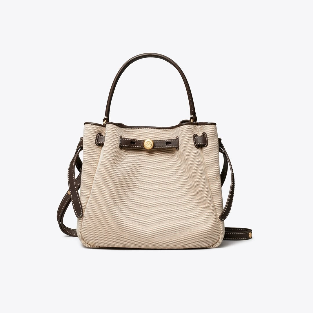 Tory Burch Romy Canvas Bucket Bag Dusty Almond/ Bianco White