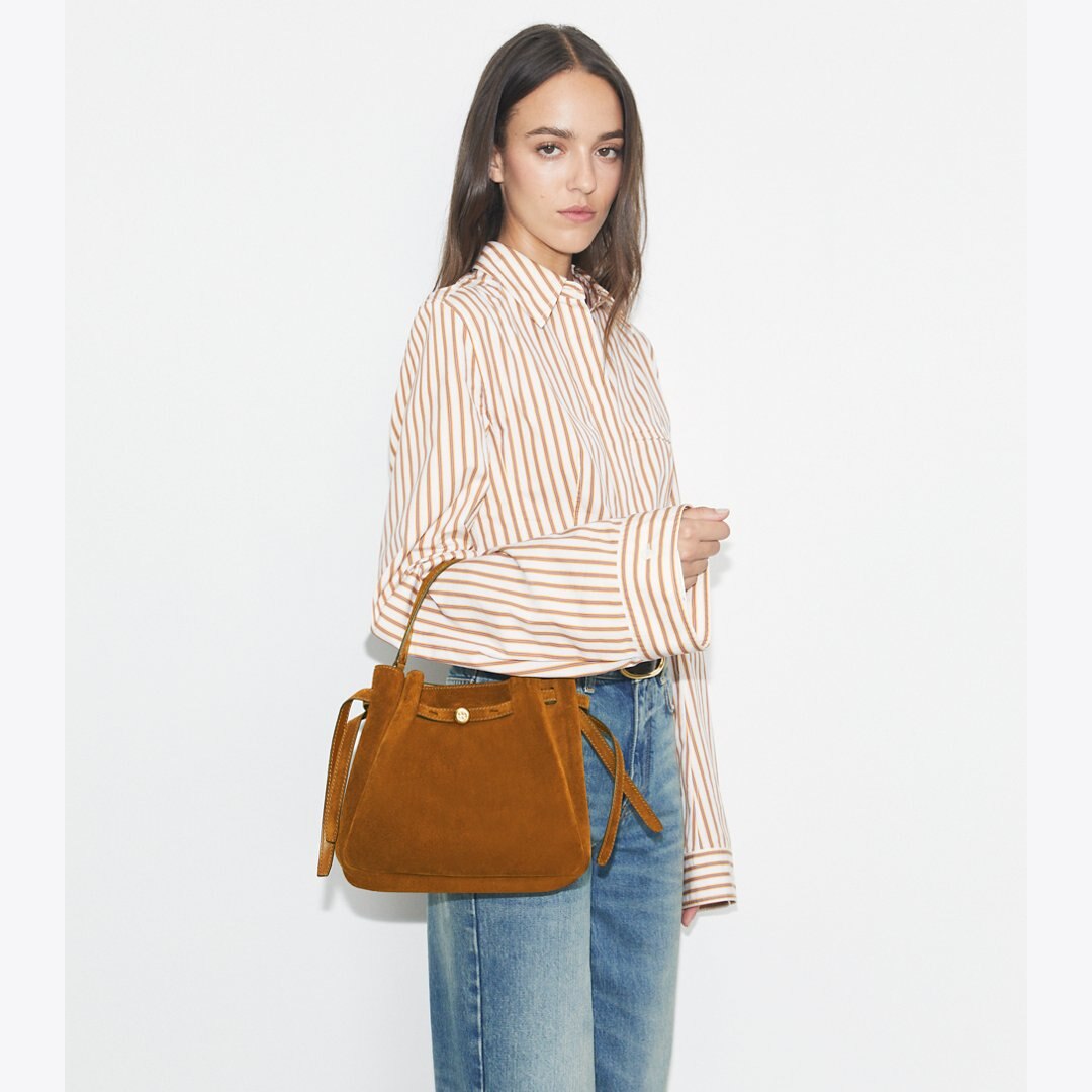 Tory Burch Romy Suede Bucket Bag Cognac