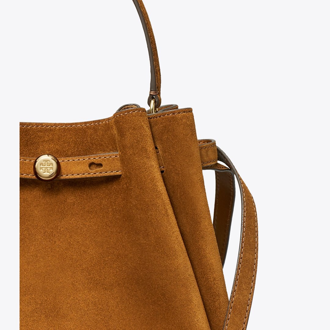 Tory Burch Romy Suede Bucket Bag Cognac