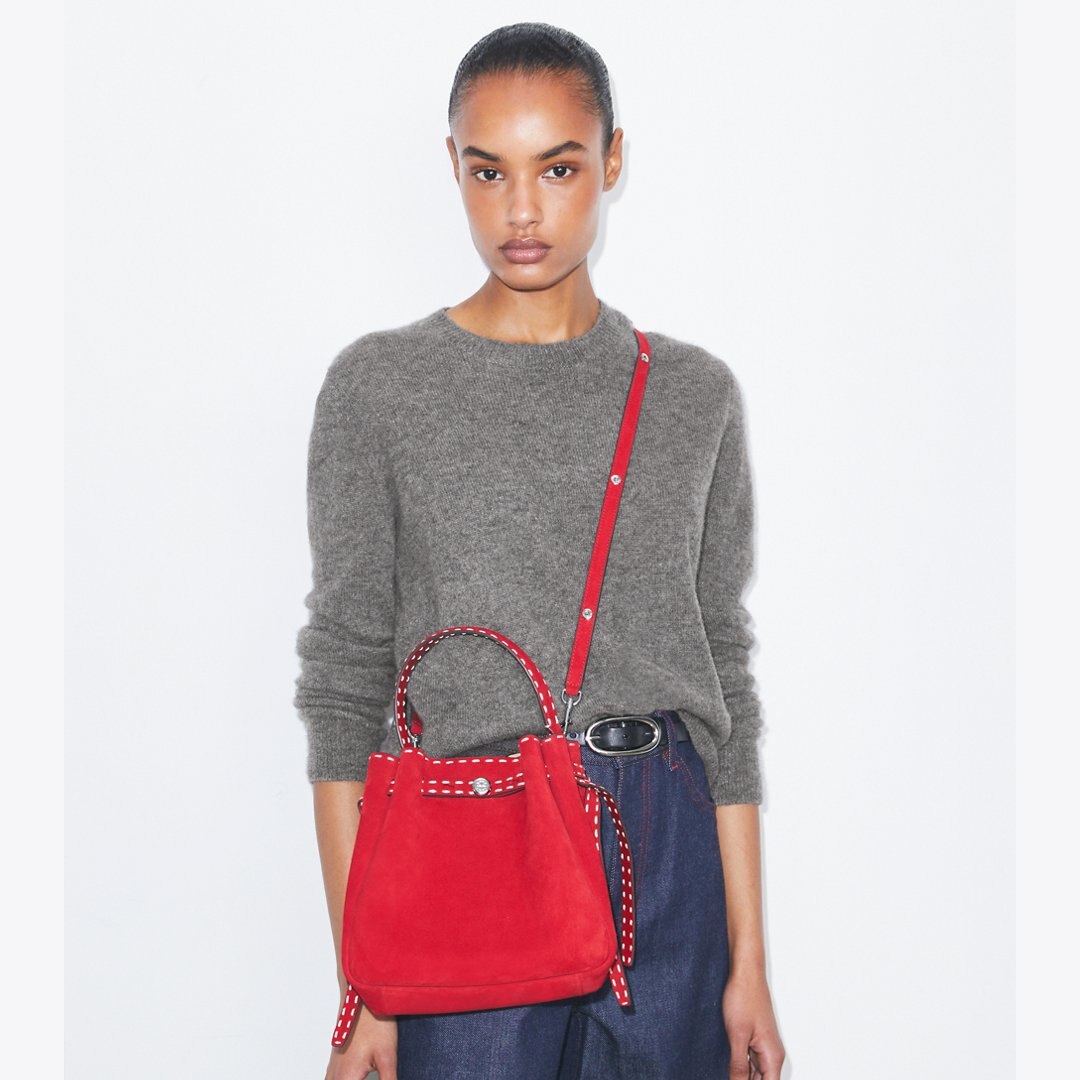 Tory Burch Romy Suede Pick Stitch Bucket Bag Toucan Red