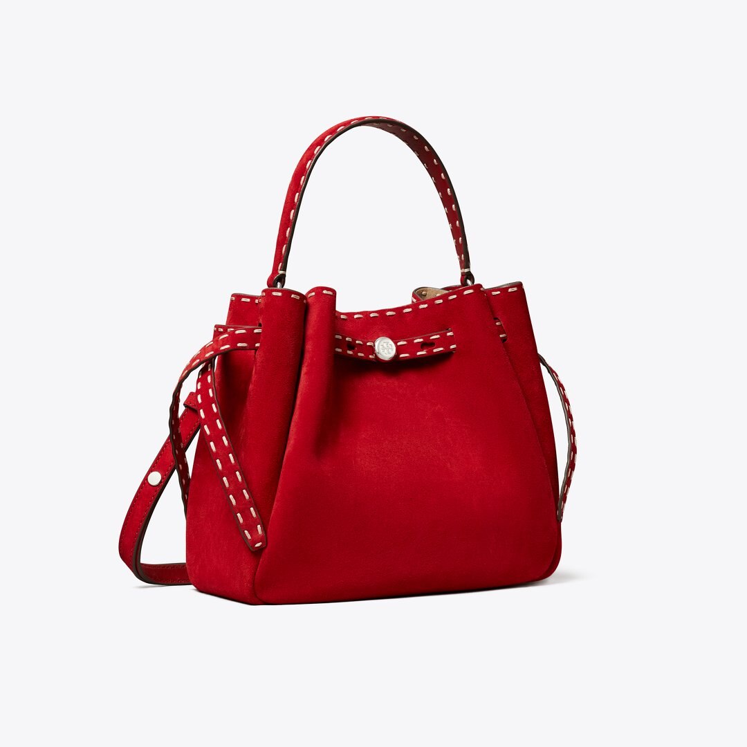 Tory Burch Romy Suede Pick Stitch Bucket Bag Toucan Red