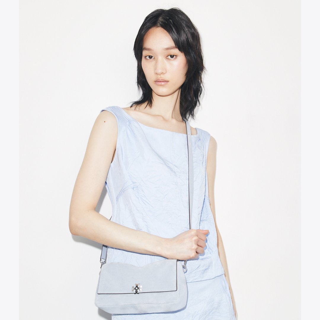 Tory Burch Small Charlie Suede Shoulder Bag Light Blue
