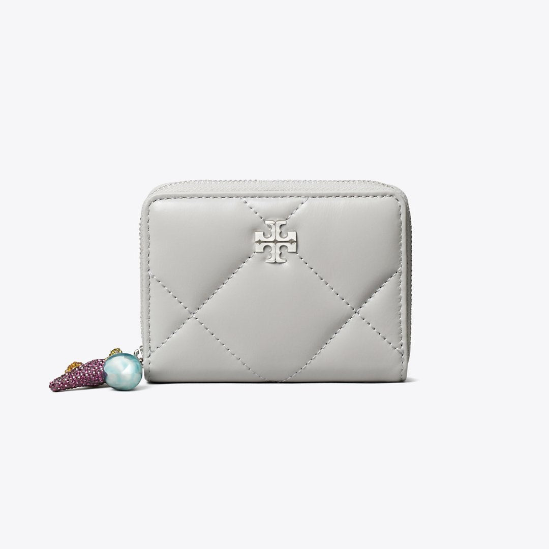 Tory Burch Small Kira Diamond Quilt Charm Zip-Around Wallet Gray