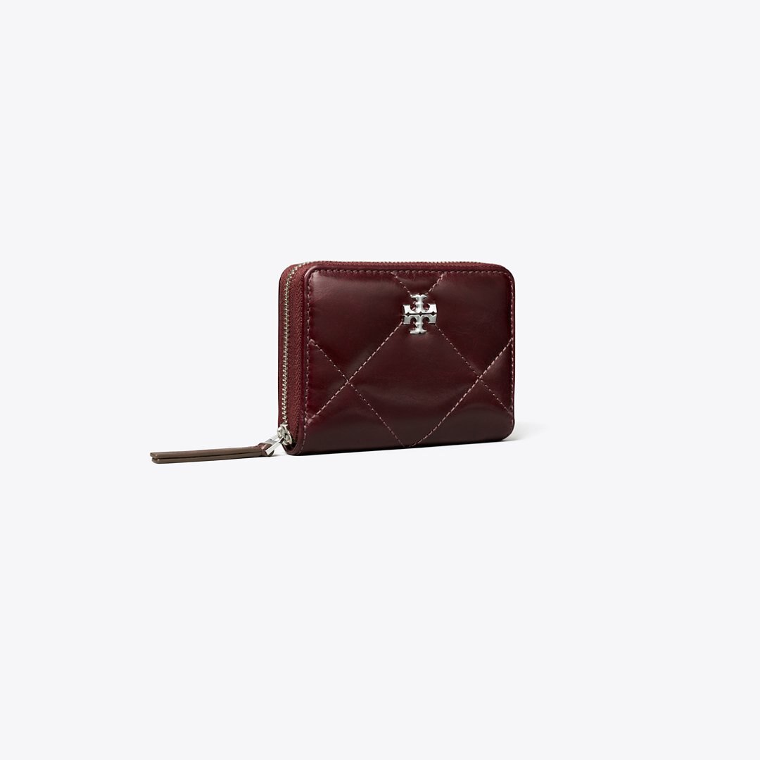 Tory Burch Small Kira Diamond Quilt Distressed Zip-Around Wallet Dark Carmine