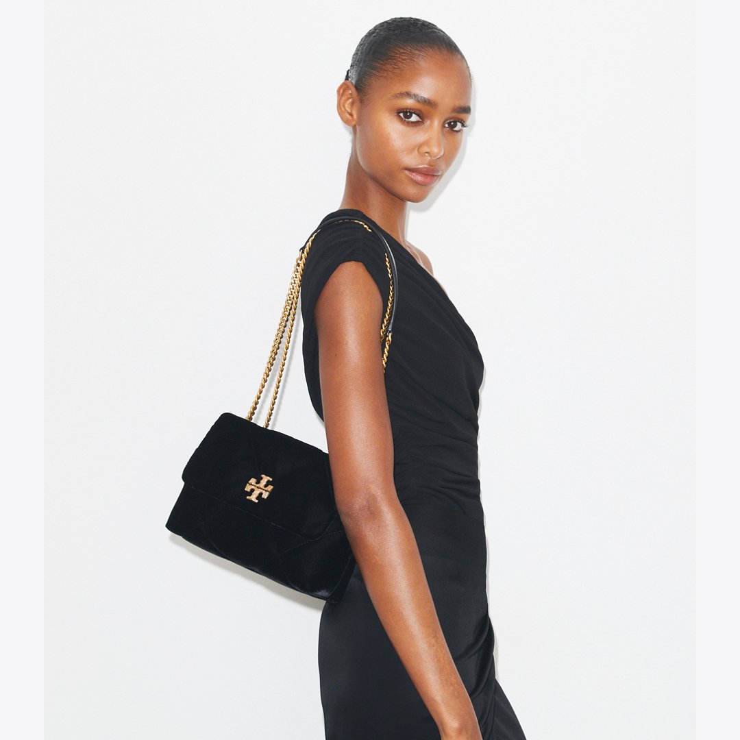Tory Burch Small Kira Diamond Quilt Velvet Pav Shoulder Bag Black