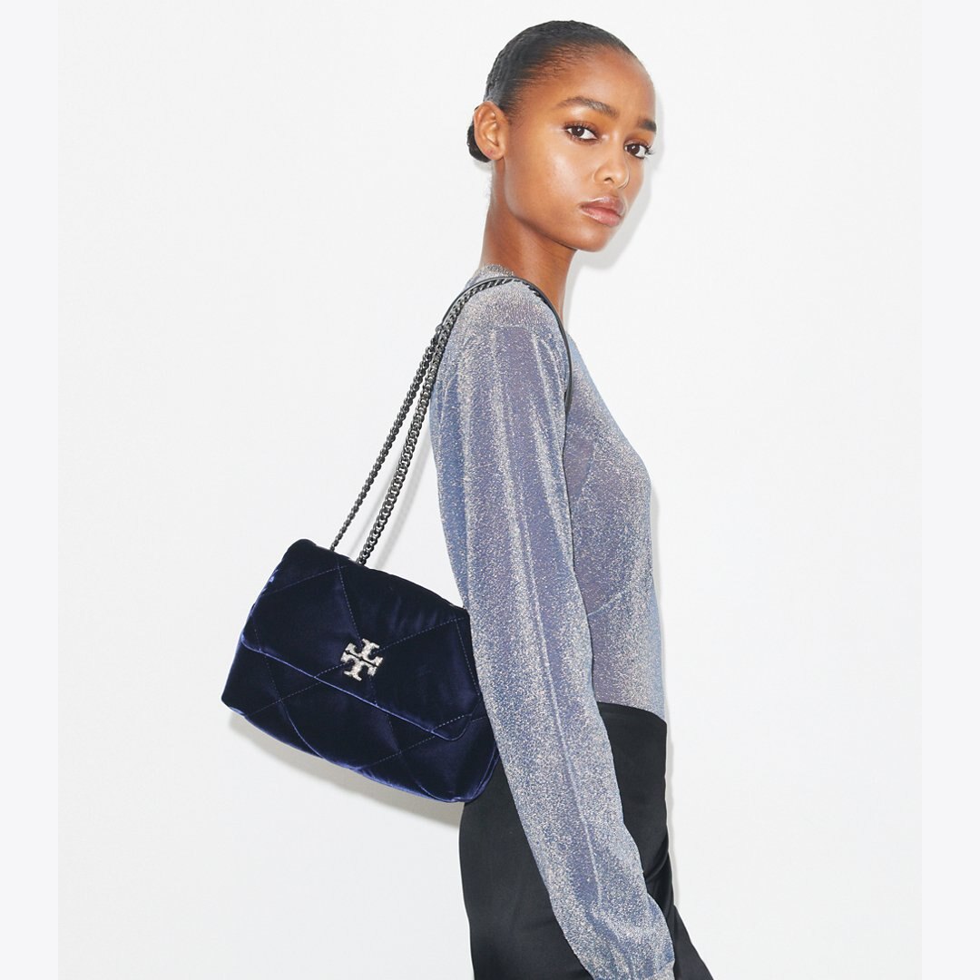 Tory Burch Small Kira Diamond Quilt Velvet Pav Shoulder Bag PERFECT NAVY