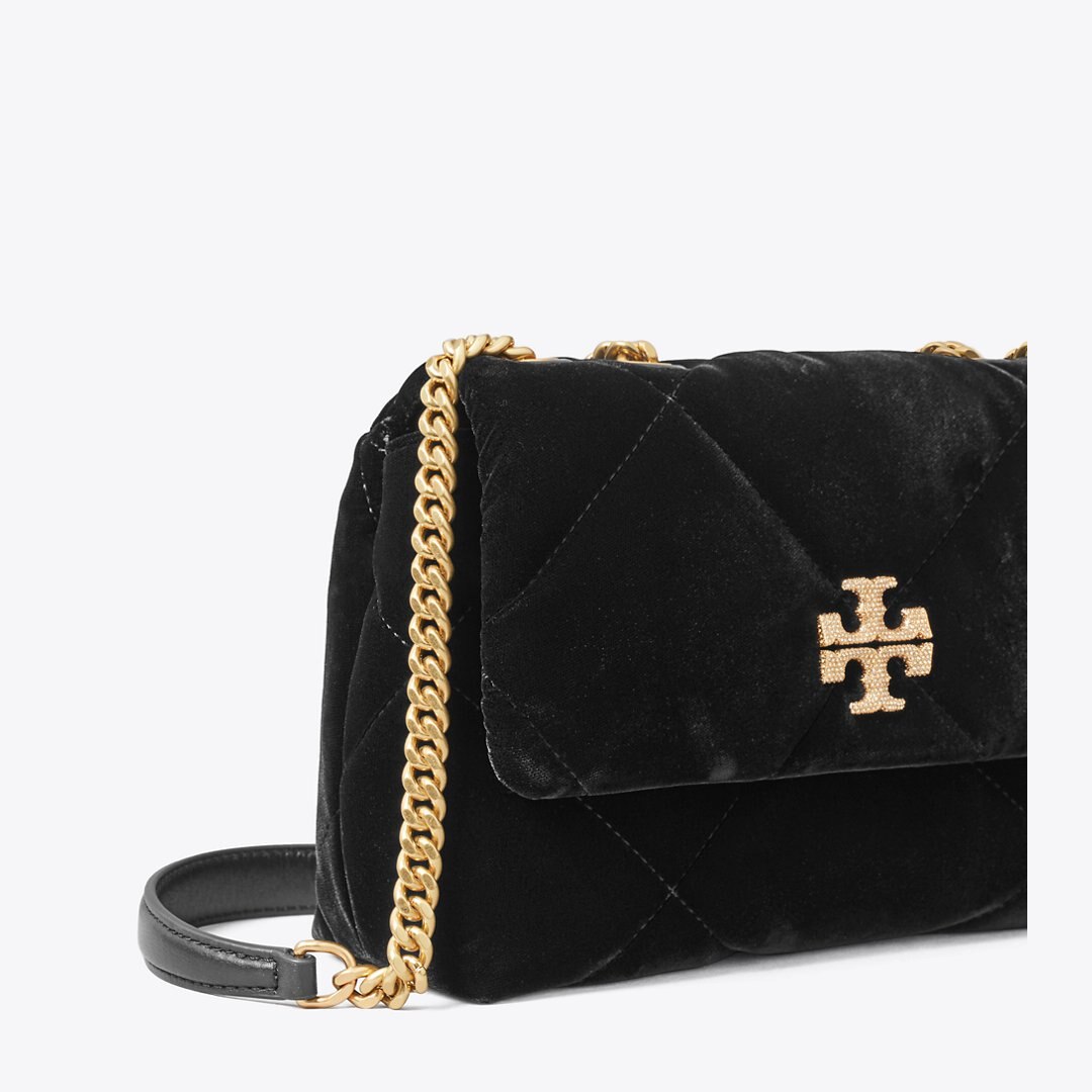 Tory Burch Small Kira Diamond Quilt Velvet Pav Shoulder Bag Black