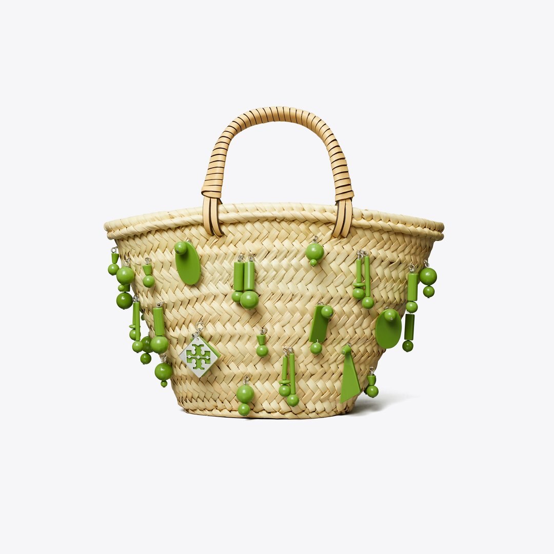 Tory Burch Small Raffia Embroidered Tote Wild Leaves