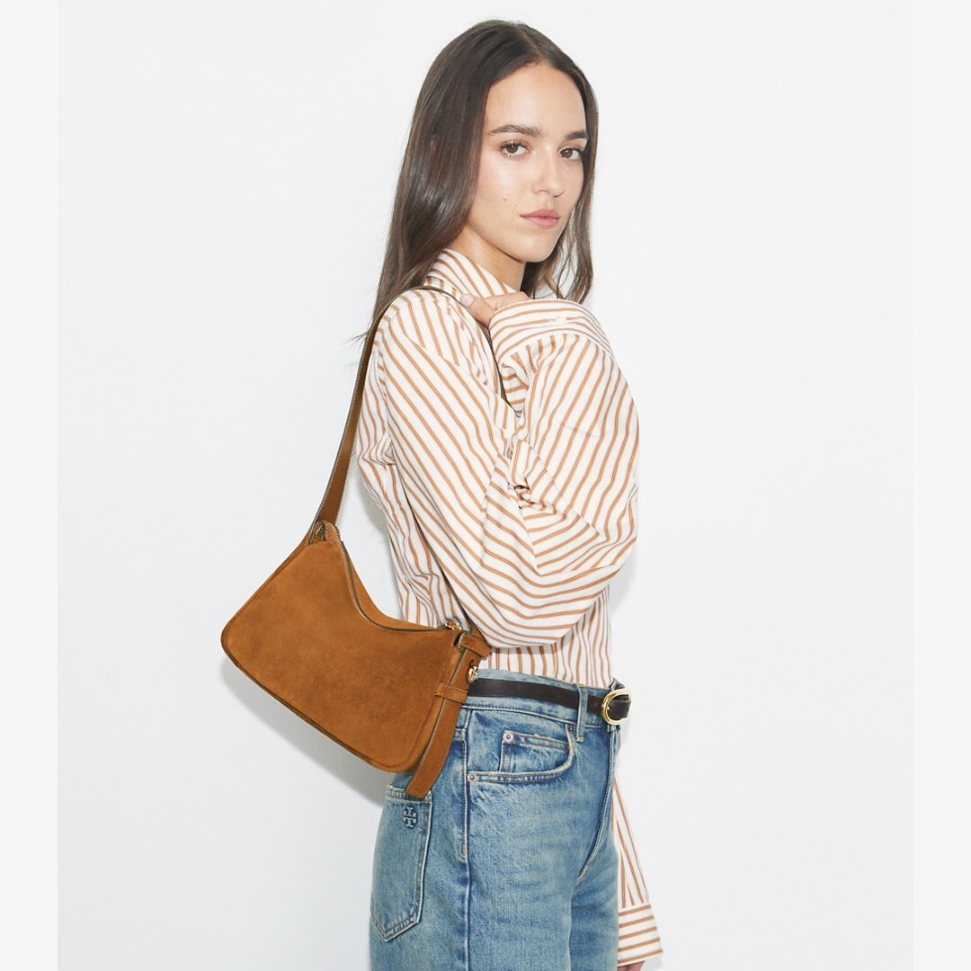 Tory Burch Small Romy Suede Shoulder Bag Cognac