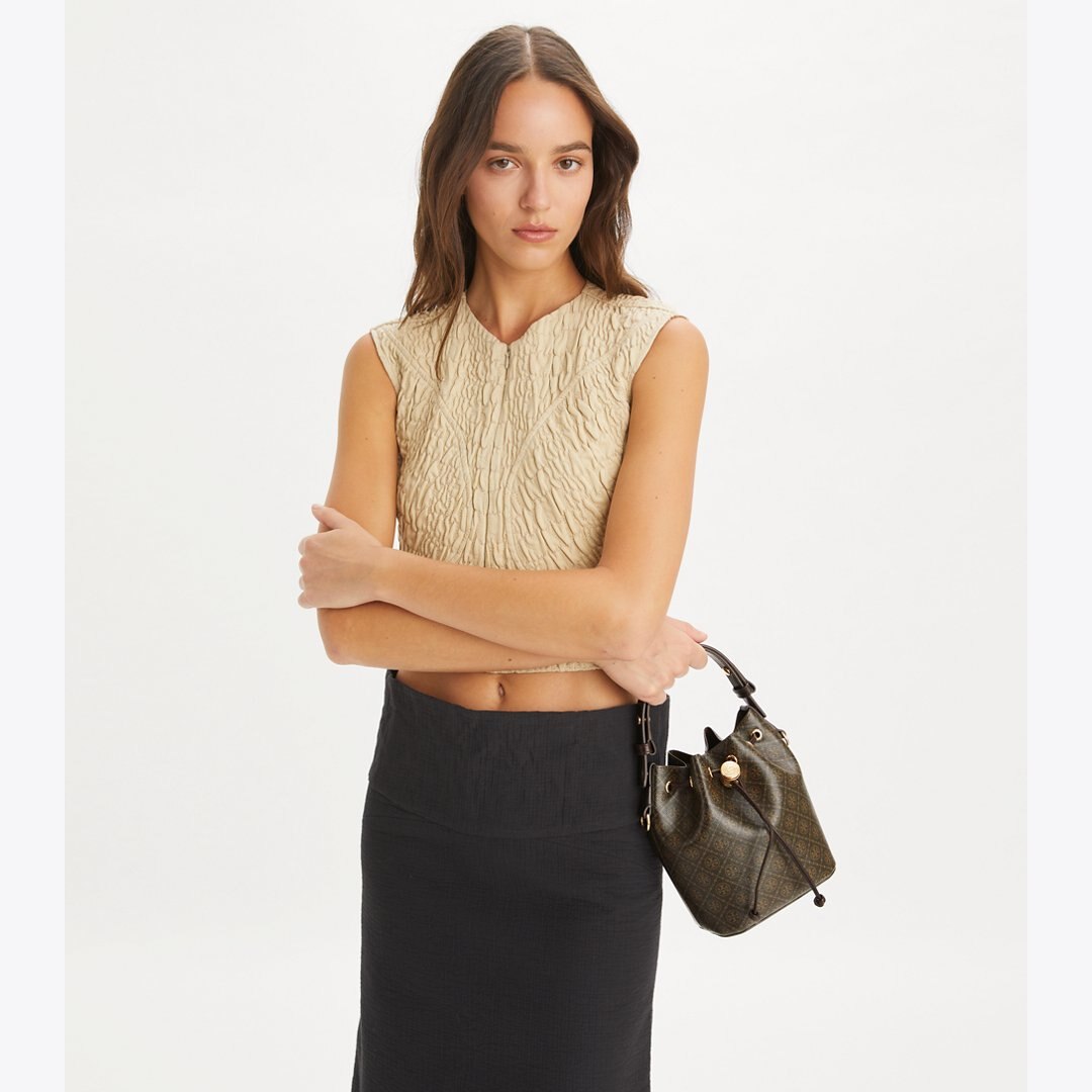 Tory Burch T Monogram Coated Canvas Mini Bucket Bag French Press