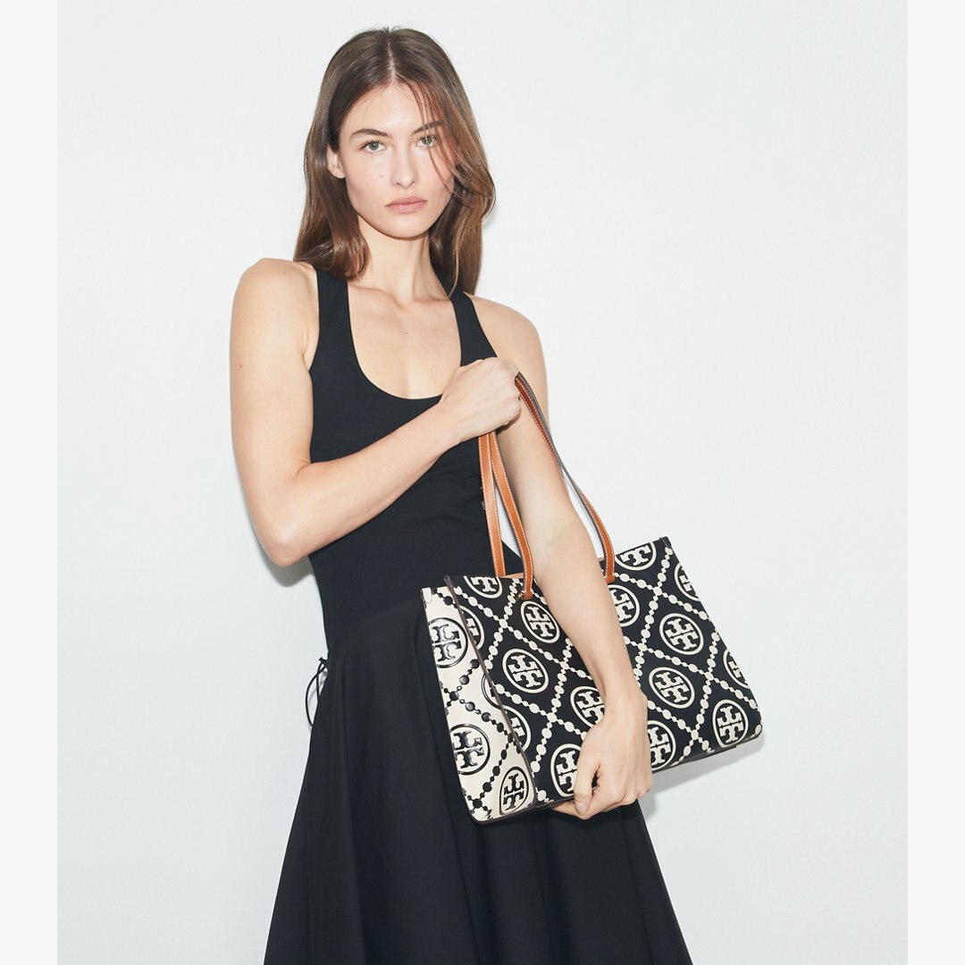 Tory Burch T Monogram Contrast Embossed Tote Black/White