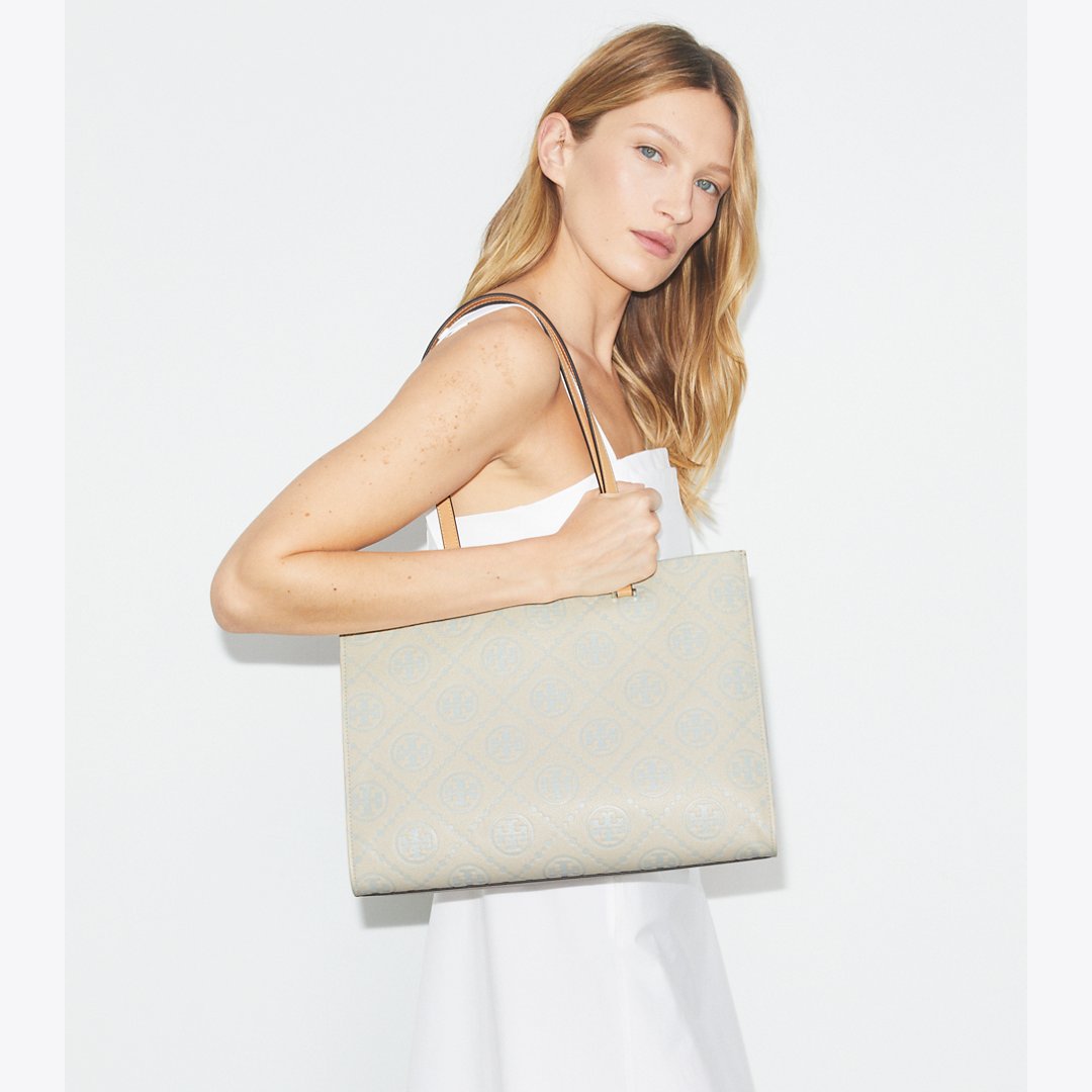 Tory Burch T Monogram Pebbled Tote Light Titanium