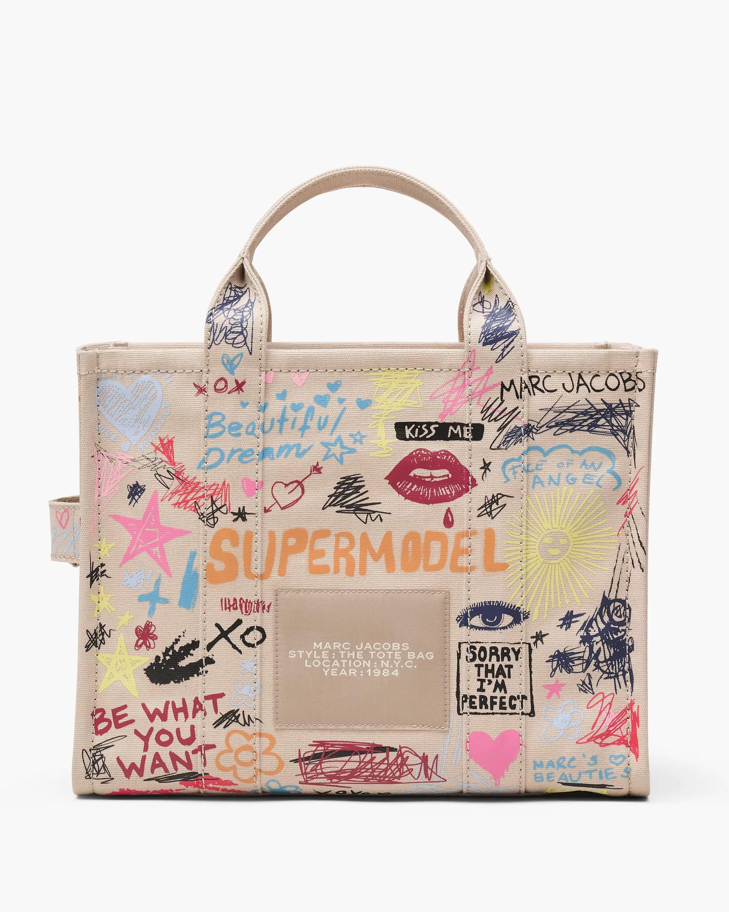 Marc Jacobs The Punk Scribble Canvas Medium Tote Bag Beige Multi