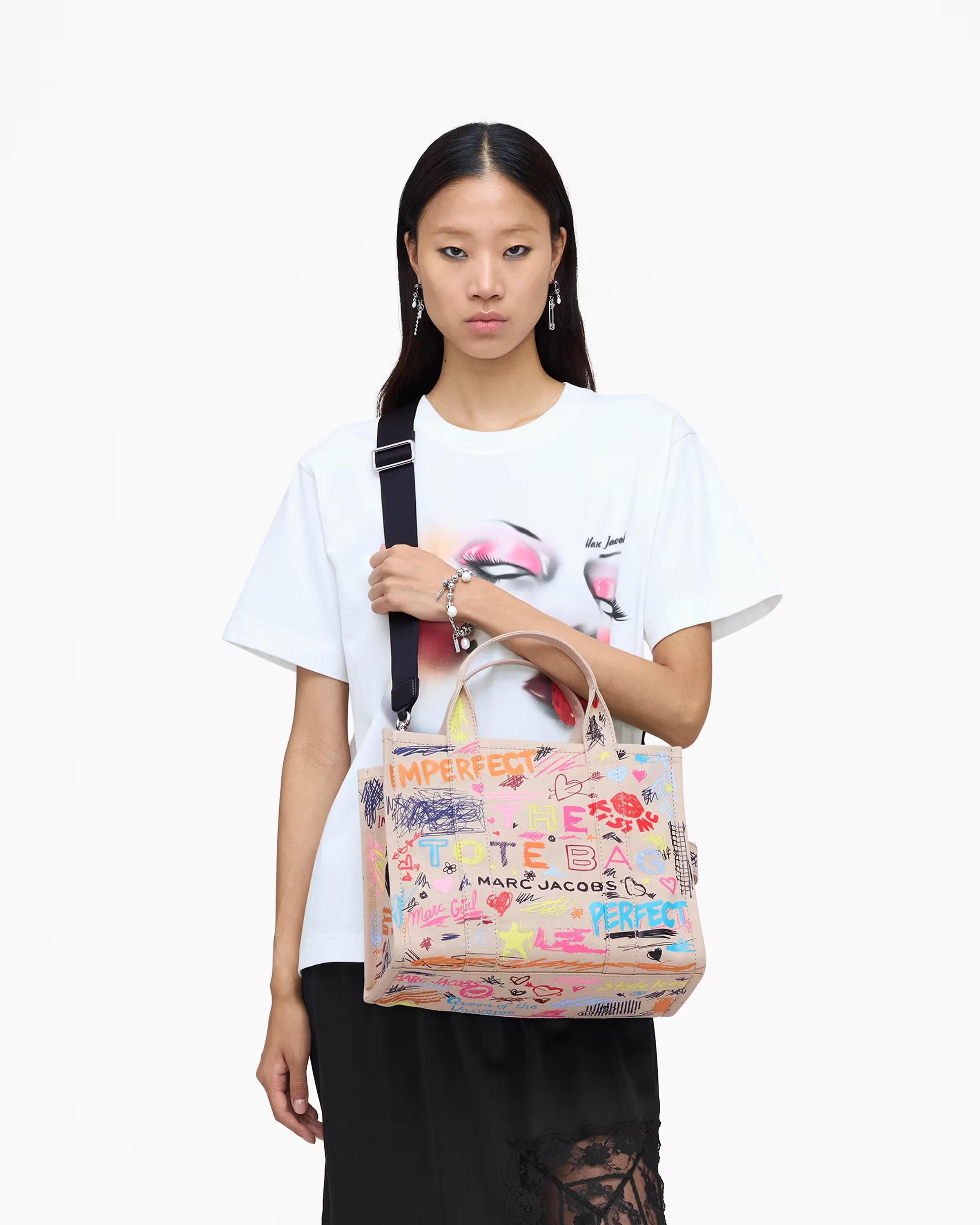 Marc Jacobs The Punk Scribble Canvas Medium Tote Bag Beige Multi