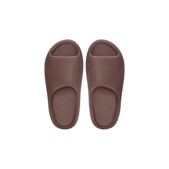 Front view of brown Yeezy Slides pair