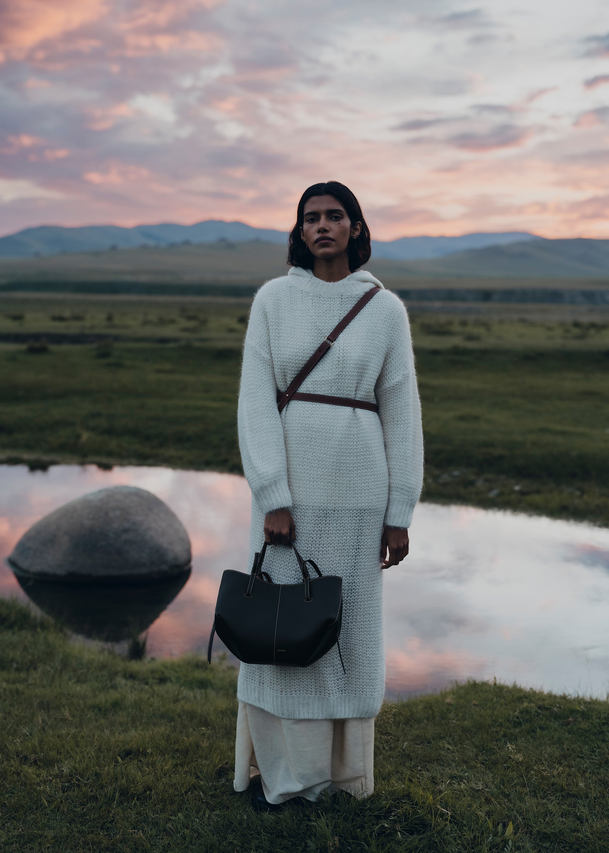 Polene Cyme Mini Textured Black with Ecru Stitching