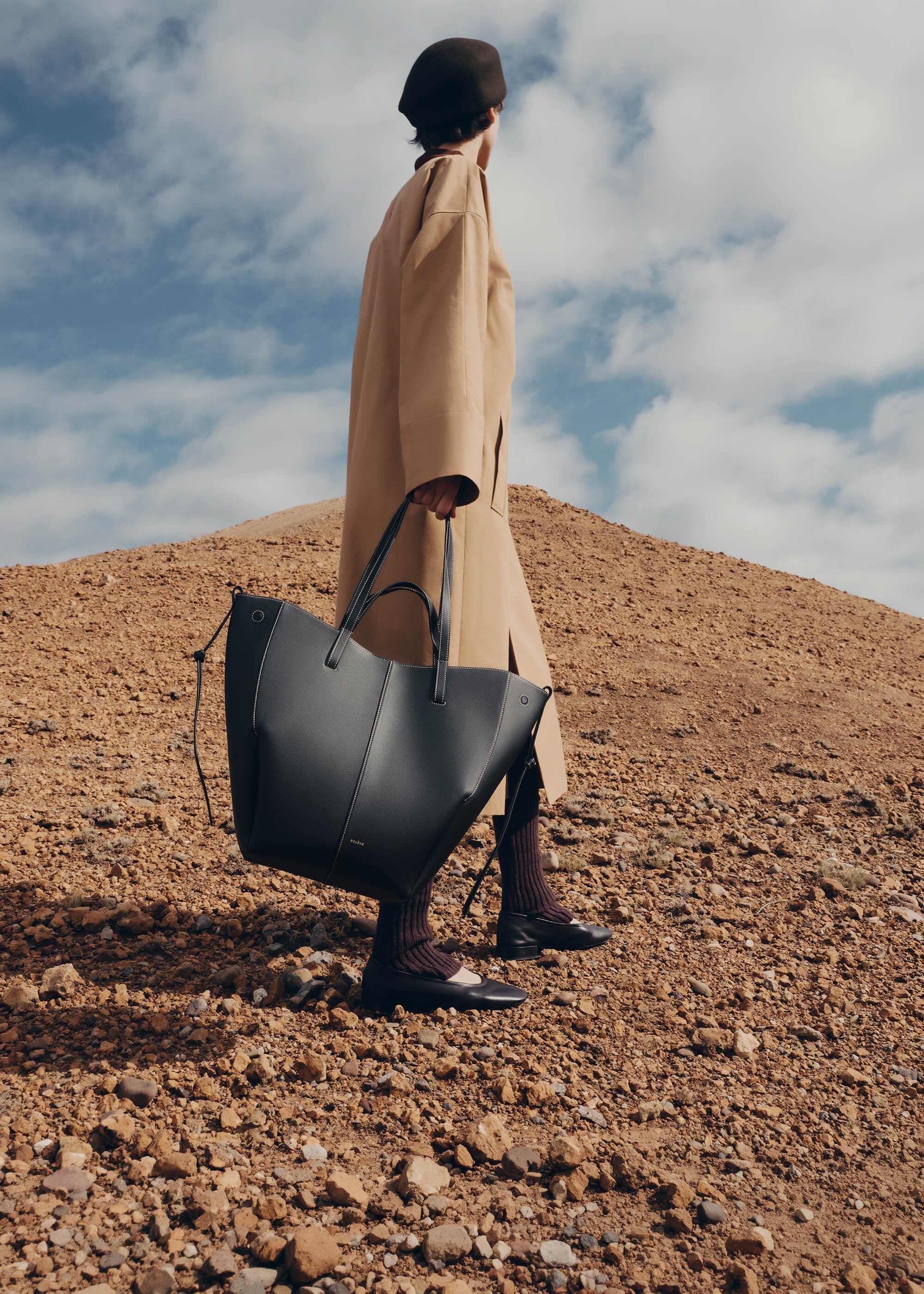Polene Cyme Tote Textured Black with Ecru Stitching