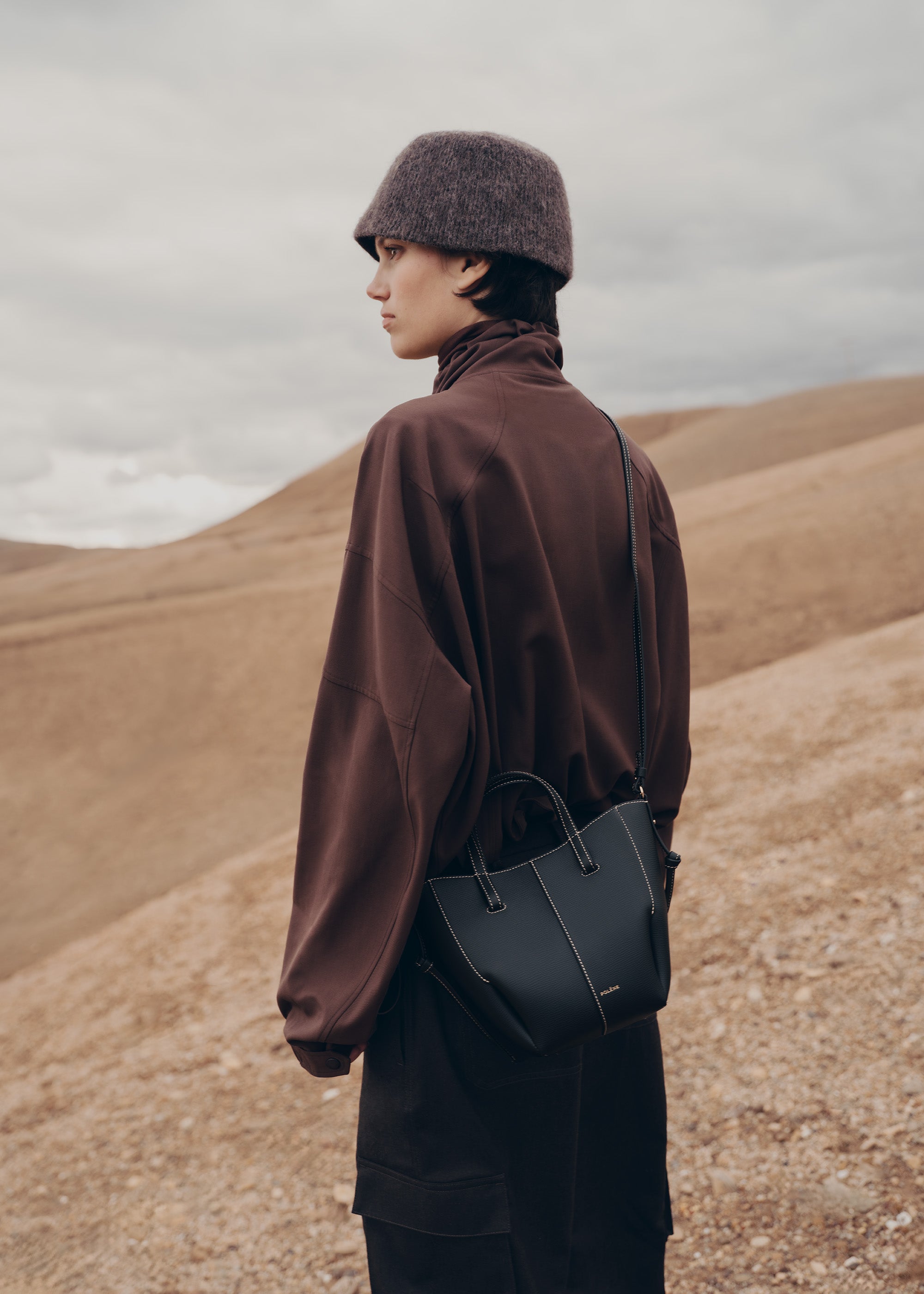 Polene Cyme Tote Nano Textured Black with Ecru Stitching