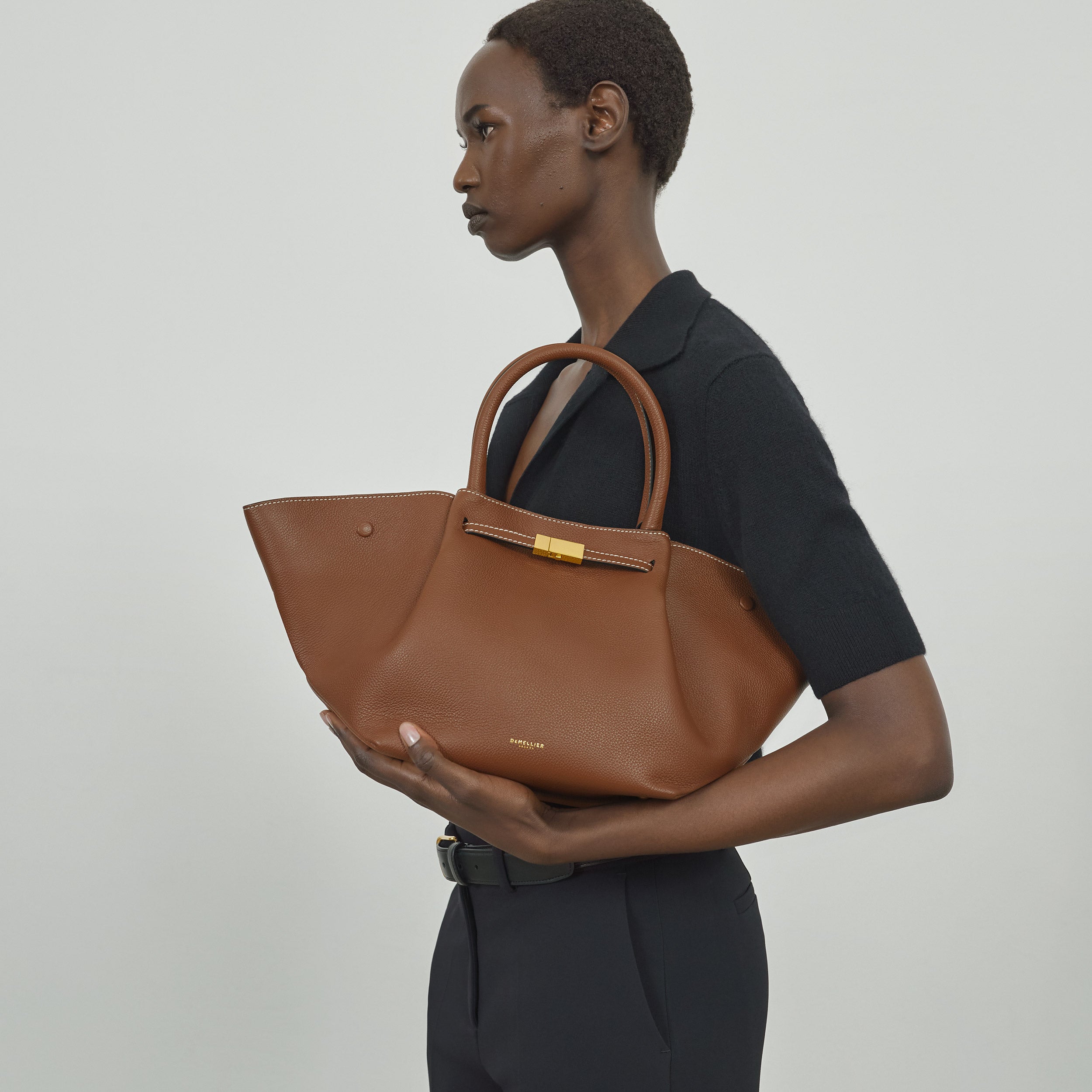 DeMellier The Midi New York tan small grain ecru stitching