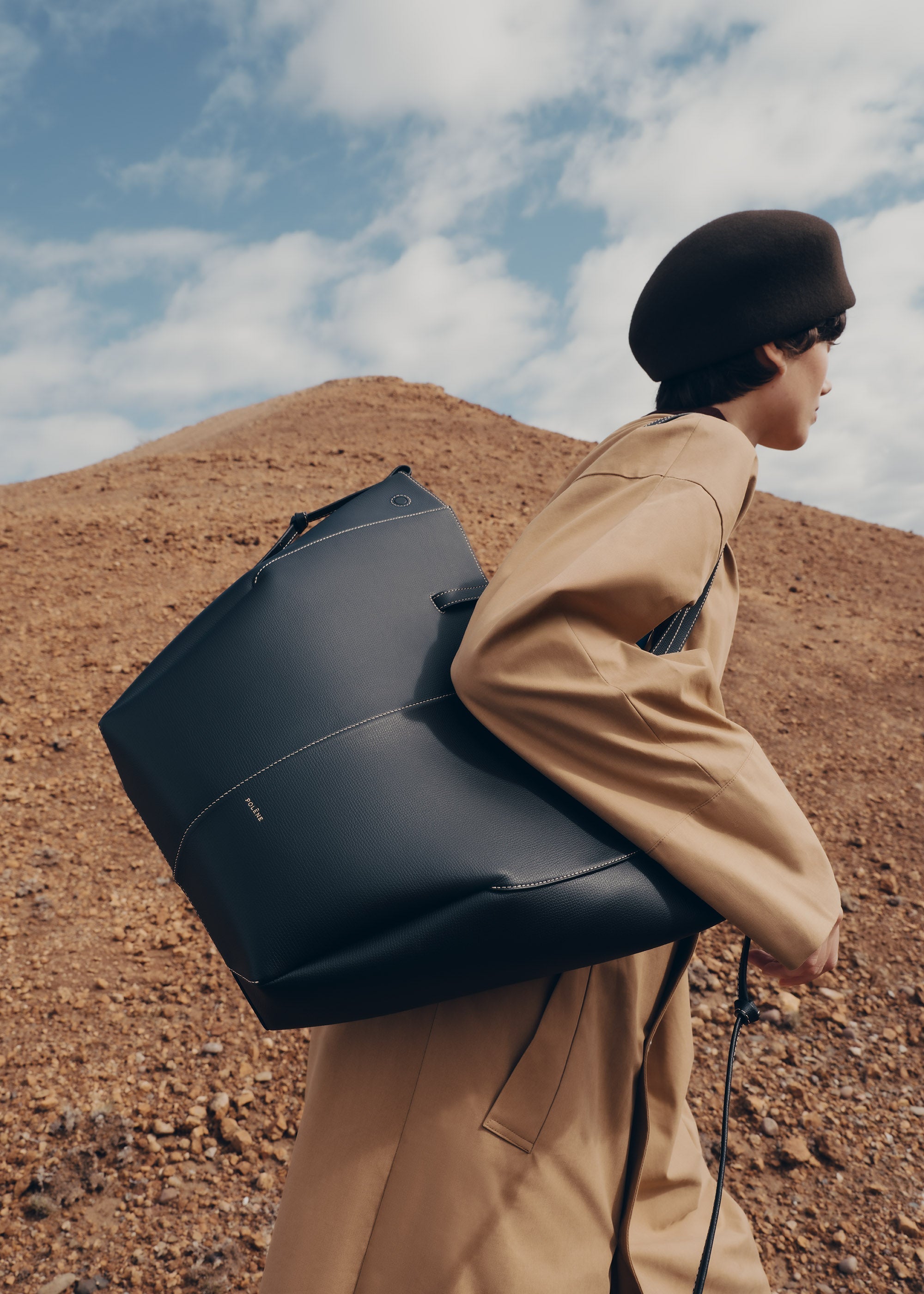 Polene Cyme Tote Textured Black with Ecru Stitching